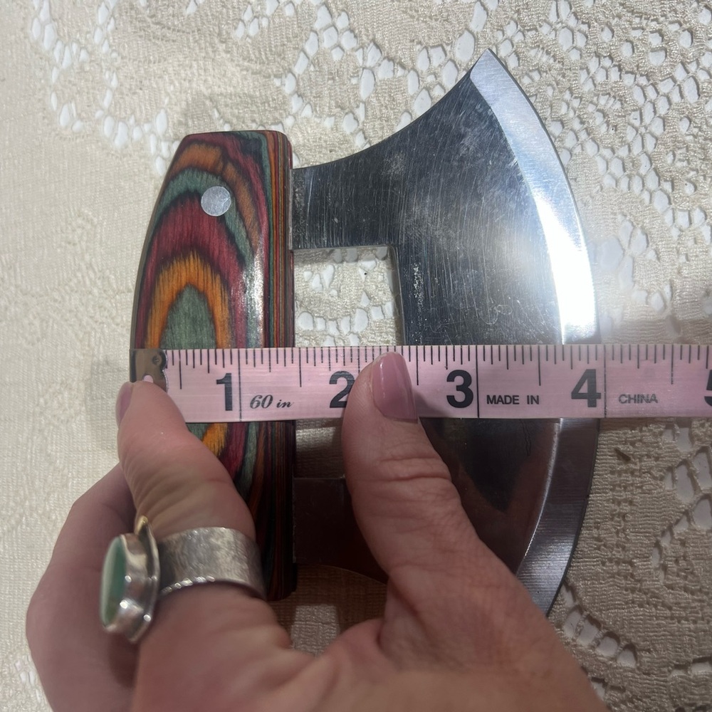 Vintage Alaska Ulu Knife With Rainbow Pakka Laminated Wood Handle Matching Stand - Picture 5 of 5